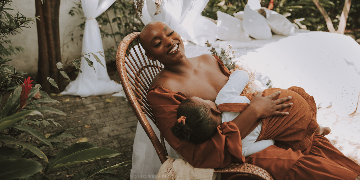 black mother breastfeeding her daughter. This is a blog post banner detailing a breastfeeding journey