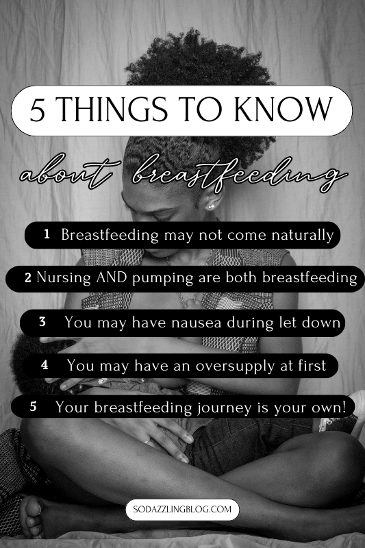 This is an image of a Black woman breast feeding her baby with the words "5 things to know about breastfeeding" written across it.