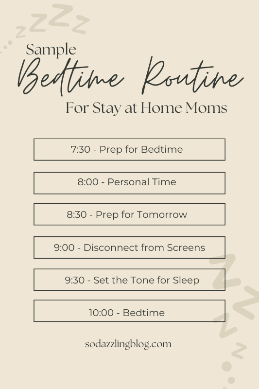 A sample bedtime routine for stay at home moms to help promote better sleep and overall wellbeing. This image serves as a Pinterest pin for the blog post " the ultimate post-holiday detox: Wellness tips for stay at home moms"